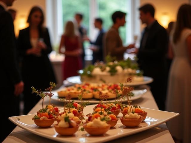 Lively intimate cocktail party with beautifully presented canapés