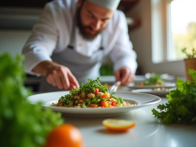 Personal chef preparing fresh, healthy meal in a modern kitchen