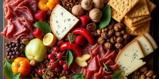 Gourmet charcuterie board with artisanal cheeses, cured meats, fruits, and nuts | Tabla de charcutería gourmet con quesos artesanales, carnes curadas, frutas y nueces