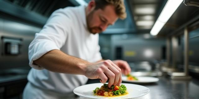 Chef Edward Smith meticulously plating a dish in a modern kitchen | Chef Edward Smith preparando meticulosamente un plato en una cocina moderna