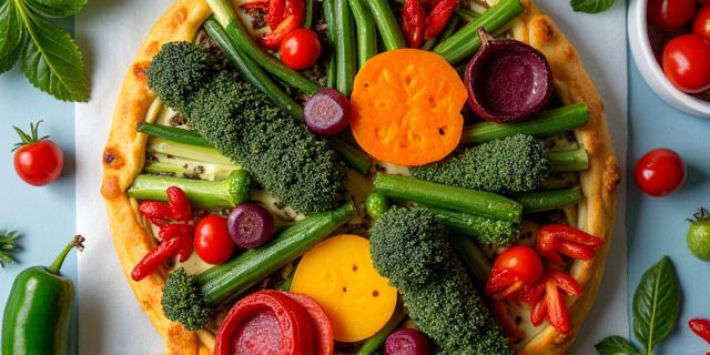 Vibrant vegetable tart with a flaky crust, showcasing fresh seasonal ingredients | Tarta de vegetales colorida con masa hojaldrada, mostrando ingredientes frescos de temporada