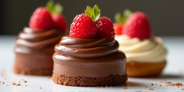 Artfully arranged dessert trio featuring chocolate mousse, fresh berries, and a delicate pastry | Trío de postres artísticamente dispuestos con mousse de chocolate, bayas frescas y un delicado pastel