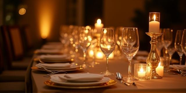 Elegant dinner table setting with fine china, crystal glasses, and soft candlelight | Elegante mesa de cena con porcelana fina, vasos de cristal y suave luz de velas