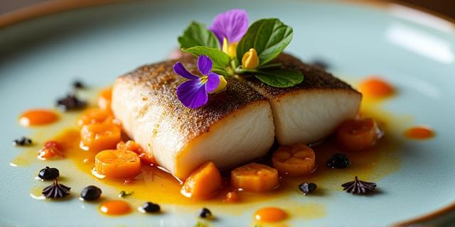 Intricate plating of a gourmet fish dish with edible flowers and vibrant sauces | Plato intrincado de pescado gourmet con flores comestibles y salsas vibrantes